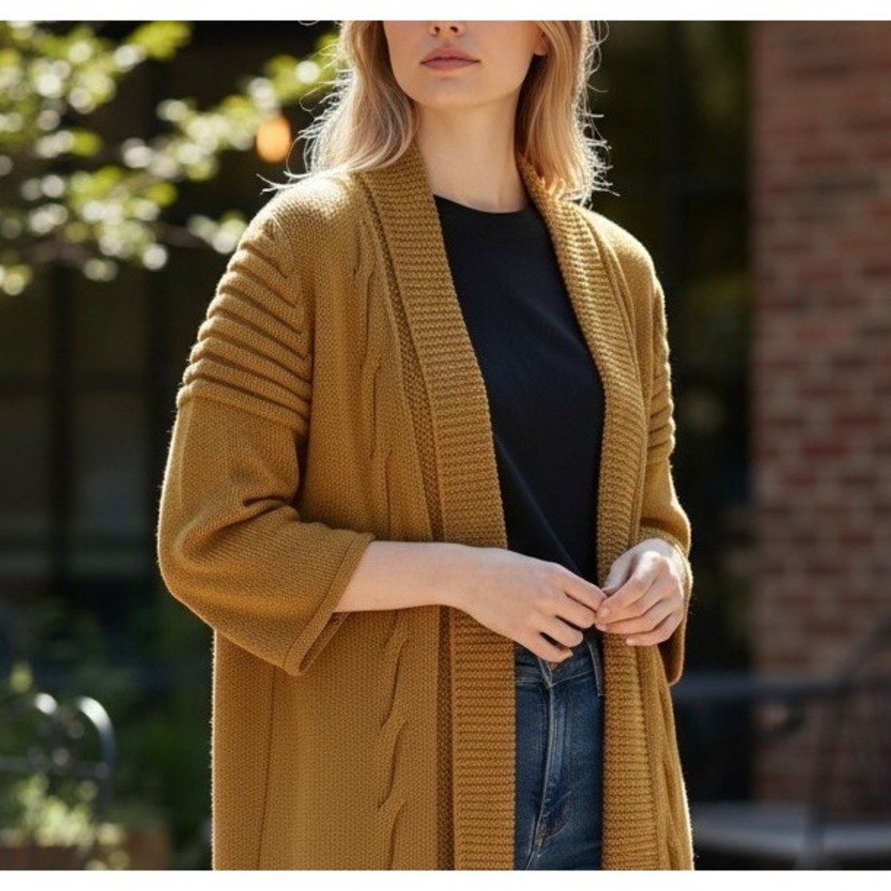 St.John Yellow Label Mustard Ochre Cable Knit Accordion Sleeve Cardigan M Luxury